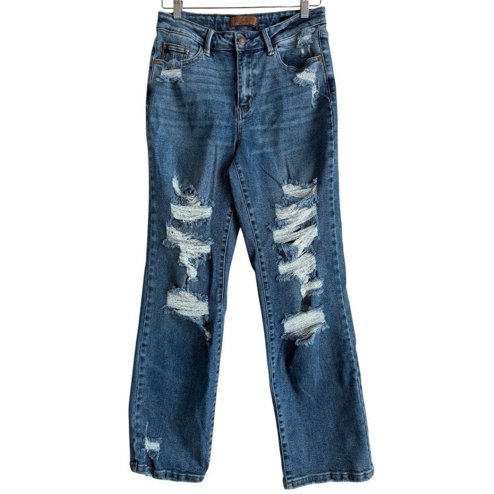 Judy Blue Jeans Women’s 7/28 Straight Fit Mid Rise Distressed Stretch Denim